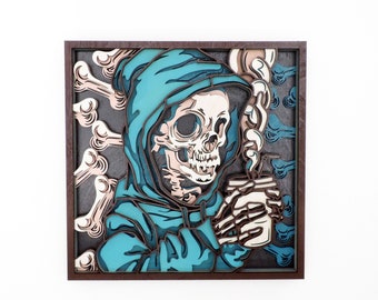 Coffee Skeleton Halloween Art, Laser Cut Wood Frame, Ready to Hang