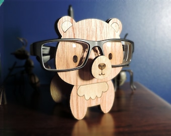 Personalized Bear Glasses Holder: Laser Engraved Wooden Eyewear Stand