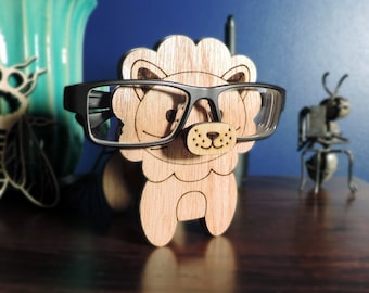 Personalized Lion Glasses Holder: Laser Engraved Wooden Eyewear Stand