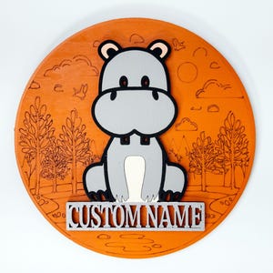 Personalized 3D Hippo Name Sign: Jungle Nursery Wood Wall Art