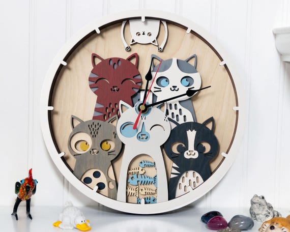 Multilayer Wooden Clock – 3D Laser Cut Cats Wall Art for Home & Office Decor