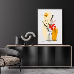 Modern Floral Wall Art Print, Abstract Flower Poster, Minimal Line Art for Living Room Decor, Vibrant Botanical Digital Download