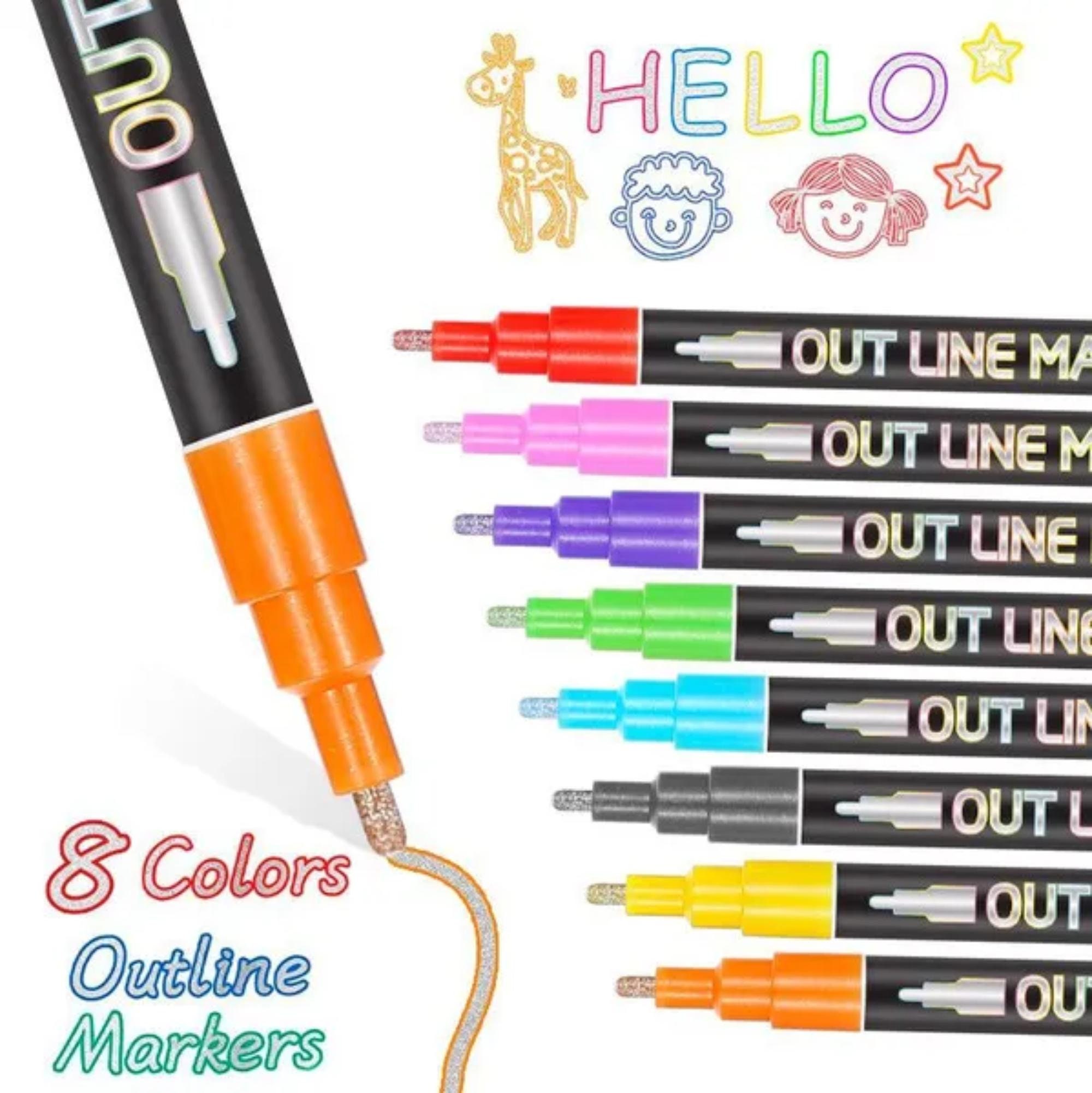 Shimmer Outline Markers Super Squiggles, Double Line Metallic Pen Set  Sparkle Self-Outline Doodle Marker Cool Magic Silver Glitter Dazzle Pen  Card