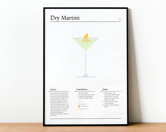 Dry Martini, Cocktail Art, Mixology Decor, Minimalist Design, Wall Art, Kitchen Decor, Home Bar Inspiration