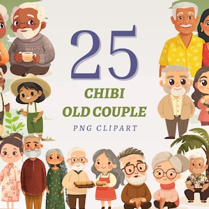 25 Clipart di coppie anziane Chibi, PNG trasparenti di alta qualità, download immediato, uso commerciale - Famiglie diverse, genitori carini dei cartoni animati
