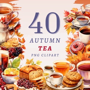40 Herbsttee Clipart, hochwertige transparente PNGs, Sofort Download, kommerzielle Nutzung - Cozy png, Tea time Grafikset, Aquarell Bundle