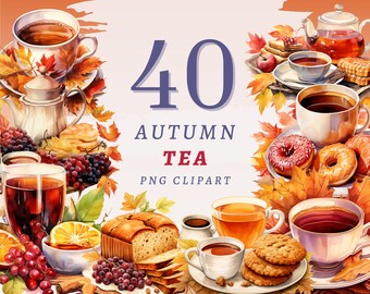 40 Autumn Tea Clipart, High Quality Transparent PNGs, Instant Download, Commercial Use - Cozy png, Tea time graphic set, watercolor bundle