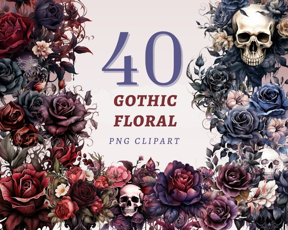 40 Gothic Floral Clipart, High Quality Transparent PNGs, Instant Download, Commercial Use - Dark Flowers set, Black Florals png printables