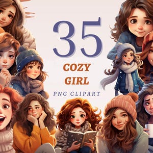 35 imágenes prediseñadas de chicas acogedoras, PNG transparentes de alta calidad, descarga instantánea, uso comercial: diseños con vibraciones otoñales, imprimibles de chicas adorables