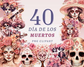 40 Pastel Día de Los Muertos Clipart, High Quality Transparent PNGs, Instant Download, Commercial Use - Day of the dead bundle, Boho Prints