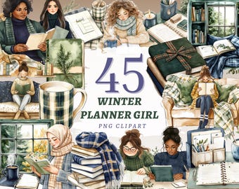 Könnte beinhalten: Eine Sammlung von Aquarellillustrationen mit Personen, die Bücher lesen, in Planer schreiben und aus Tassen trinken, mit dem Text 45 WINTER PLANNER GIRL PNG CLIPART. Die Bilder zeigen Bücherstapel, gemütliche Decken und winterliche Szenen.