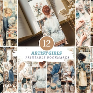 Può includere: Una collezione di 12 segnalibri stampabili con illustrazioni ad acquerello di persone impegnate in varie attività artistiche come dipingere, scolpire e disegnare in studio, con il testo 12 ARTIST GIRLS PRINTABLE BOOKMARKS.