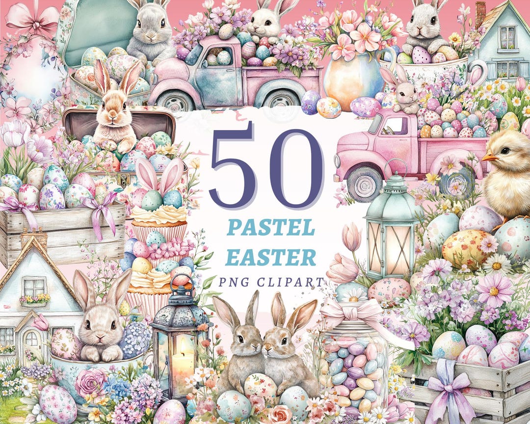 50 Pastel Easter Clipart Watercolor Bunny Eggs Spring Floral PNG Set - Etsy