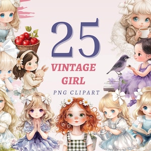 25 illustrazioni di ragazze vintage, illustrazioni di anime retrò, stampe di piccole donne kawaii primaverili, adesivi per avatar digitali, download istantaneo di manga.