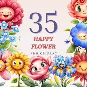 35 Clipart de flores felices, ilustración de flores coloridas y sonrientes, conjunto imprimible de margaritas de verano para guardería digital, ilustraciones de girasoles en acuarela