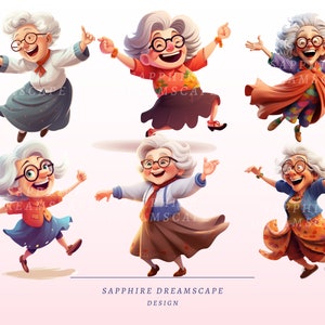May include: A digital illustration showing six cartoon images of a happy elderly woman with glasses, grey hair, and colourful outfits. The woman is in dynamic poses, with arms outstretched and a cheerful expression. The text "SAPPHIRE DREAMSCAPE DESIGN" is at the bottom.