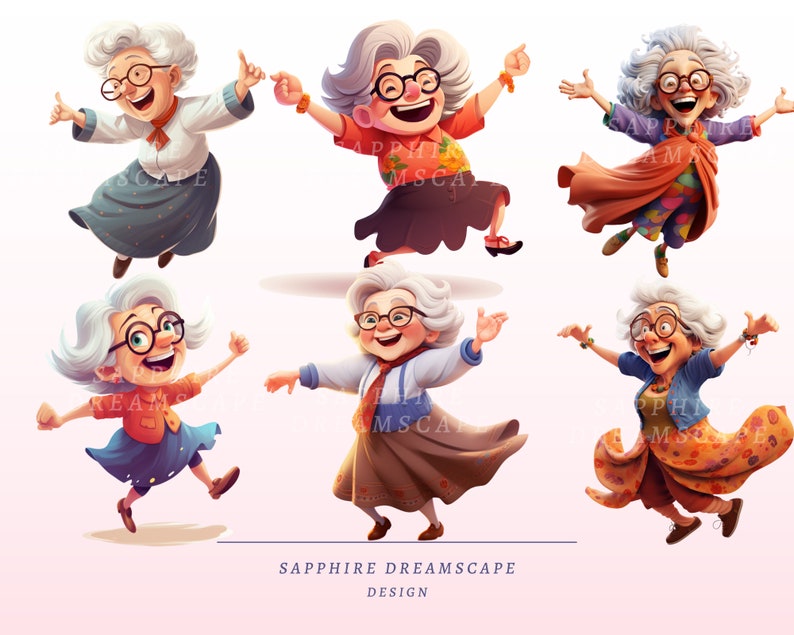 May include: A digital illustration showing six cartoon images of a happy elderly woman with glasses, grey hair, and colourful outfits. The woman is in dynamic poses, with arms outstretched and a cheerful expression. The text "SAPPHIRE DREAMSCAPE DESIGN" is at the bottom.