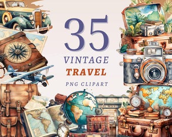 35 Vintage Travel Clipart, High Quality Transparent PNGs, Instant Download, Commercial Use - Historic Vacation, Wanderlust png printables