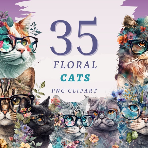 35 Floral Cats Clipart, High Quality Transparent PNGs, Instant Download, Commercial Use - Flower Kittens png, Cat with Glasses Bundle