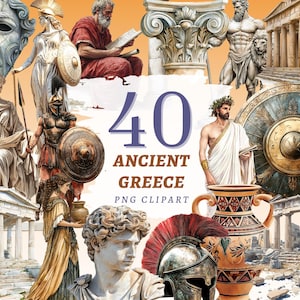May include: A digital collage featuring 40 Ancient Greece PNG clipart images. The collection includes statues, columns, shields, helmets, and figures in classical attire. The text "40 ANCIENT GREECE PNG CLIPART" is displayed in the center.