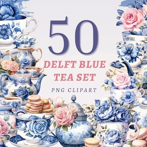 50 Delfts Blauwe Theeservies Clipart, Hoge kwaliteit transparante PNGs, Instant Download, Commercieel Gebruik - Royal Antique Tea Time, Junk Journaling