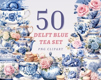 50 Delftblå teservis Clipart, högkvalitativa transparenta PNG-bilder, omedelbar nedladdning, kommersiellt bruk - Royal Antique Tea Time, skräpjournaling