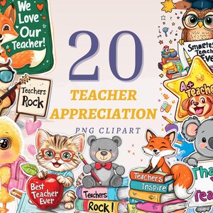20 Lehrer Wertschätzung Clipart niedlichen Cartoon Tiere mit Danke Nachrichten Sofortiger Download PNG für Karten Digitale Geschenke Klassenzimmer Basteln