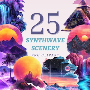 Puede incluir: Una colección de arte digital con 25 imágenes prediseñadas PNG de paisajes Synthwave. Las imágenes muestran paisajes vibrantes con puestas de sol, montañas, cascadas y pirámides, todo renderizado en un estilo retro-futurista con una paleta de colores neón.