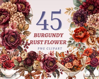 45 Burgundy Rust Flower Clipart Autumn Boho Wedding Bouquets PNG Terracotta Rose Peony Arrangement Digital Download for Crafts & Invites