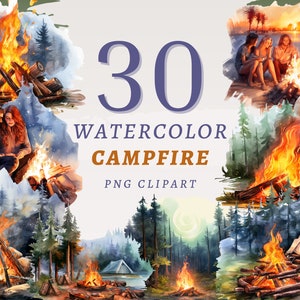 30 Watercolor Campfire Clipart, High Quality Transparent PNGs, Instant Download, Commercial Use - Camping Bonfire png bundle, Forest trip