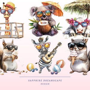 May include: A colorful illustration featuring a giraffe wearing sunglasses and a hat, a koala holding a coconut, a cow wearing sunglasses, a squirrel holding ice cream, a zebra playing a guitar, and another squirrel holding ice cream. The illustration has a beach theme with palm trees, sunglasses, and beach balls.