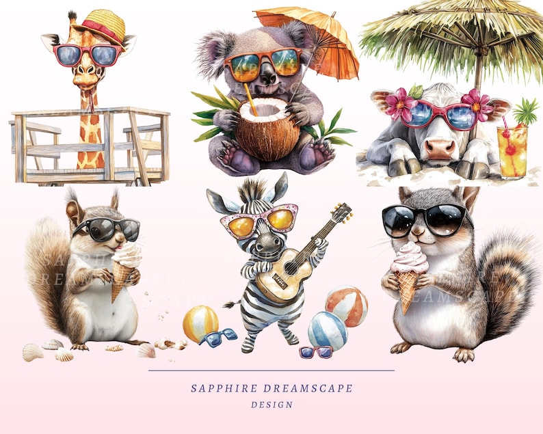 May include: A colorful illustration featuring a giraffe wearing sunglasses and a hat, a koala holding a coconut, a cow wearing sunglasses, a squirrel holding ice cream, a zebra playing a guitar, and another squirrel holding ice cream. The illustration has a beach theme with palm trees, sunglasses, and beach balls.