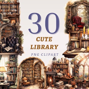 30 adorables imágenes prediseñadas de biblioteca, PNG transparentes de alta calidad, descarga instantánea, uso comercial: impresiones adorables para habitaciones, diseños acogedores para leer