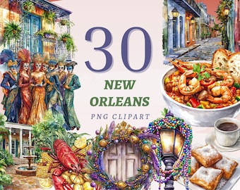 May include: Watercolor clipart set featuring New Orleans themes. Includes images of masked figures, a street scene, a bowl of jambalaya with shrimp, beignets, a lobster, and a decorative door. Text reads "30 New Orleans PNG Clipart."