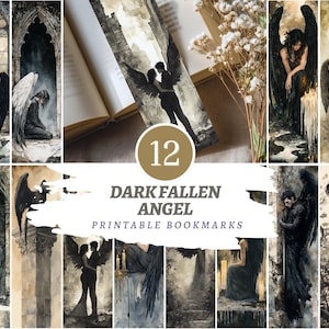 Op de afbeelding: Een verzameling van 12 printbare bladwijzers met illustraties van donkere gevallen engelen. De bladwijzers tonen verschillende scènes met engelen, in tinten zwart, grijs en sepia. De tekst "Dark Fallen Angel Printable Bookmarks" is zichtbaar.