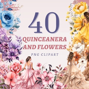 40 Quinceanera en bloemen clipart, hoge kwaliteit transparante PNGs, Instant Download, commercieel gebruik - Quince Años ontwerpen, verjaardag meisje kunst