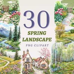 30 cliparts paysage printanier illustrations saisonnières Bundle de décorations de Pâques ensemble d'oeuvres d'art nature Téléchargement instantané journalisation des images d'impression