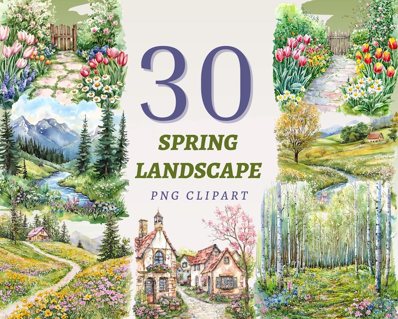 30 Spring Landscape Clipart Seasonal Illustrations Easter Decoration ...