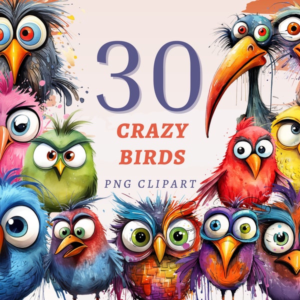 30 Crazy Birds Clipart, High Quality Transparent PNGs, Instant Download, Commercial Use - Watercolor Illustration, Colorful Angry Bird print