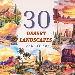 30 Imágenes prediseñadas de paisaje desértico, estilo bohemio, cactus, montañas, terracota, atardecer, PNG, arte digital del suroeste, ilustración rústica en tonos tierra, impresión a 300 DPI