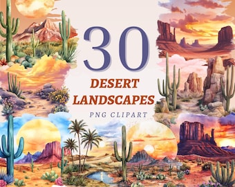 30 Imágenes prediseñadas de paisaje desértico, estilo bohemio, cactus, montañas, terracota, atardecer, PNG, arte digital del suroeste, ilustración rústica en tonos tierra, impresión a 300 DPI