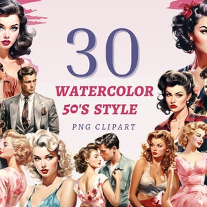 30 cliparts de Style années 50 aquarelle, PNG transparents de haute qualité, téléchargement immédiat, usage commercial - ensemble d'illustrations des années 50, mode rétro