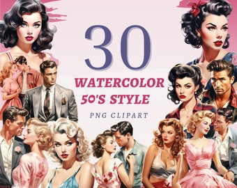 30 akwarelowych klipartów w stylu lat 50., wysokiej jakości przezroczyste pliki PNG, natychmiastowe pobranie, do użytku komercyjnego – zestaw ilustracji z lat 50., moda retro