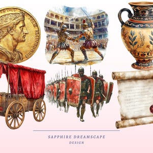 K&ouml;nnte beinhalten: Aquarellillustrationen mit antiken r&ouml;mischen Motiven. Enth&auml;lt eine Goldm&uuml;nze, Gladiatoren in einer Arena, eine dekorative Vase, eine Schriftrolle, einen Streitwagen und r&ouml;mische Soldaten, die mit Schilden marschieren.
