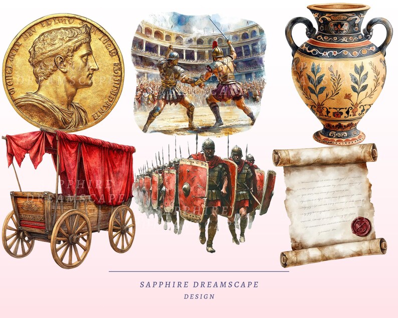 K&ouml;nnte beinhalten: Aquarellillustrationen mit antiken r&ouml;mischen Motiven. Enth&auml;lt eine Goldm&uuml;nze, Gladiatoren in einer Arena, eine dekorative Vase, eine Schriftrolle, einen Streitwagen und r&ouml;mische Soldaten, die mit Schilden marschieren.