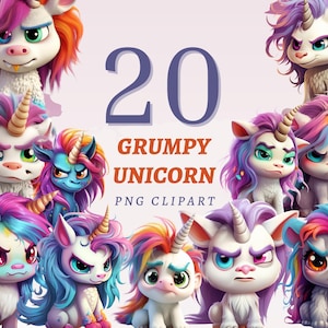 20 imágenes prediseñadas de unicornio gruñón, PNG transparentes de alta calidad, descarga instantánea, uso comercial: ilustraciones de pony colorido enojado, animal loco de guardería