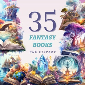 35 ファンタジー ブック クリップアート、高品質の透明 PNG、即時ダウンロード、商用利用 - マジック ライブラリの印刷物、おとぎ話のデザイン