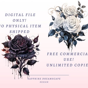 May include: Digital file featuring two rose bouquets. One bouquet showcases dark purple roses with dripping accents, the other features white roses with blue-toned leaves. Text includes "Digital File Only! No Physical Item Shipped" and "Free Commercial Use! Unlimited Copies."