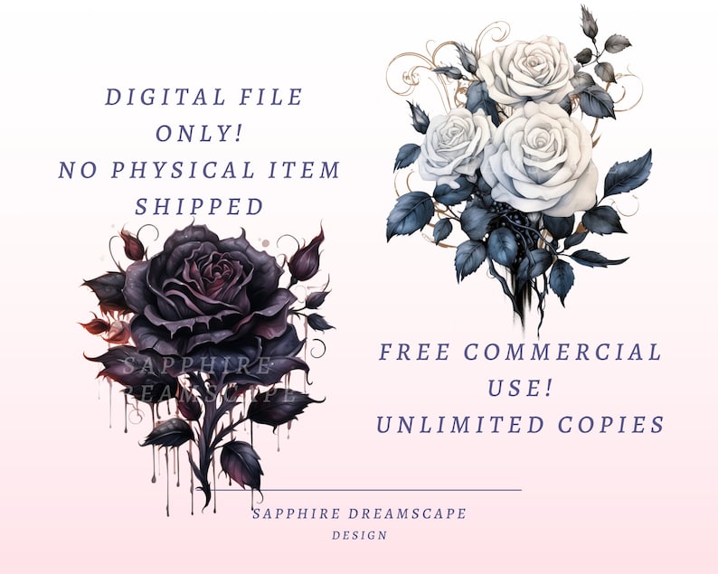May include: Digital file featuring two rose bouquets. One bouquet showcases dark purple roses with dripping accents, the other features white roses with blue-toned leaves. Text includes "Digital File Only! No Physical Item Shipped" and "Free Commercial Use! Unlimited Copies."
