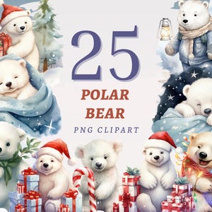 25 imágenes prediseñadas de osos polares, PNG transparentes de alta calidad, descarga instantánea, uso comercial: arte imprimible de osos blancos, gráficos de animales de nieve